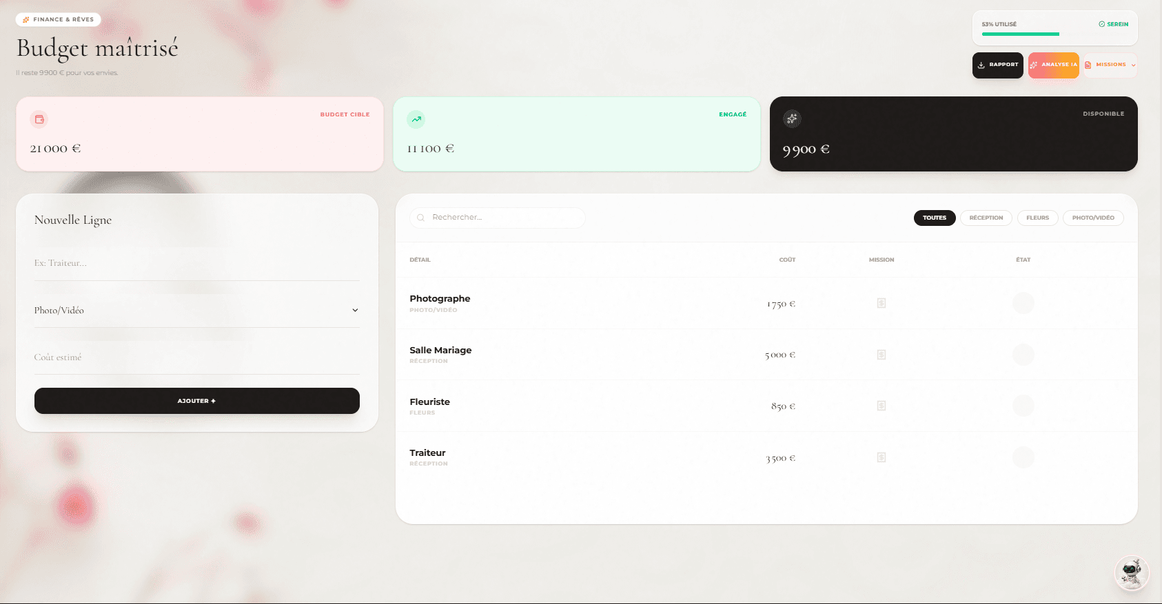 Outil de gestion de budget mariage Wedding OS