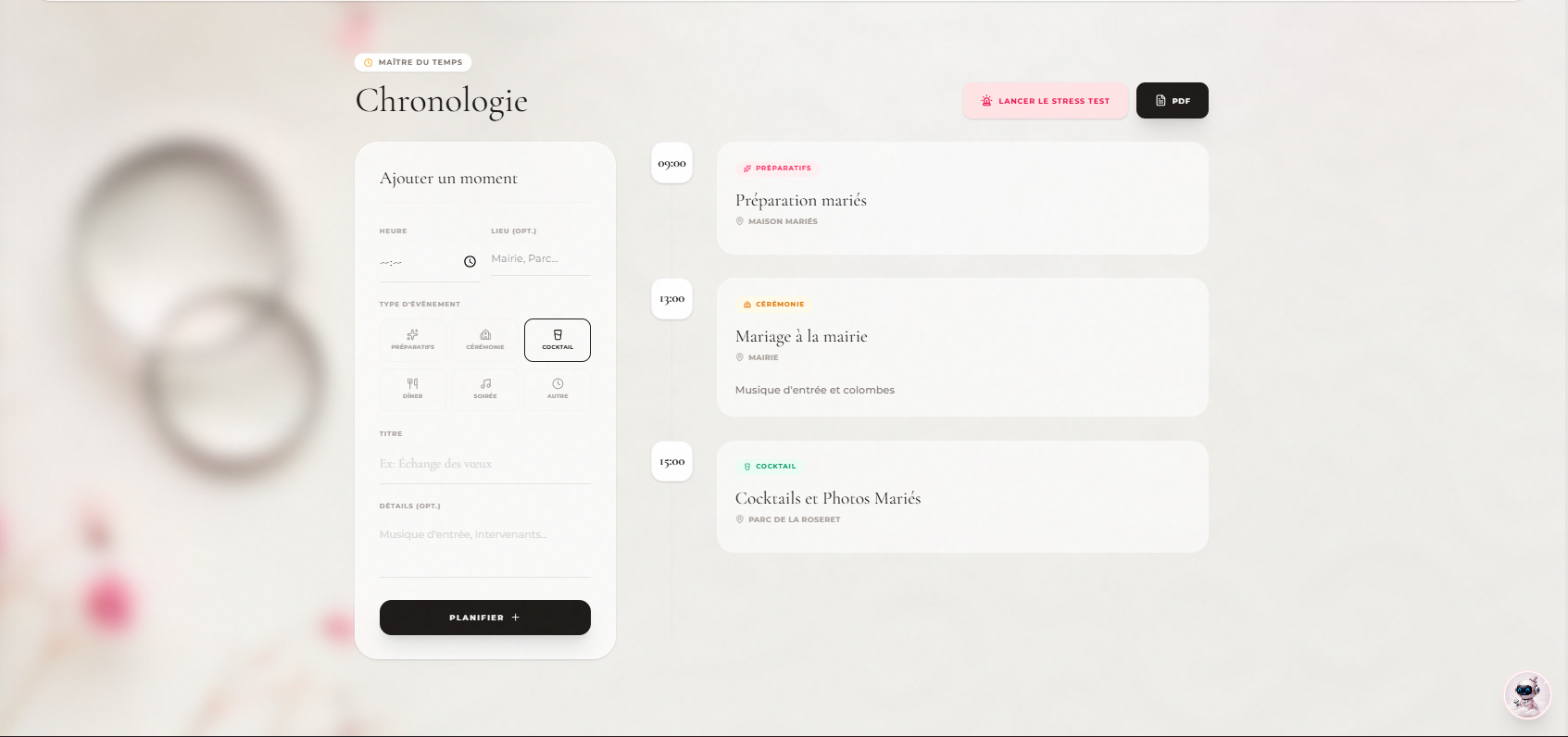 Interface Timeline Jour J Wedding OS